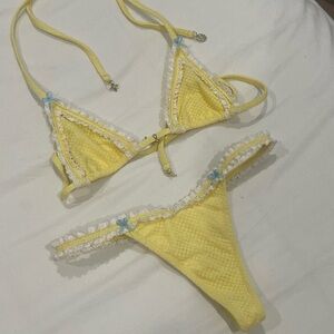 Yellow Lace Trim Bikini Set